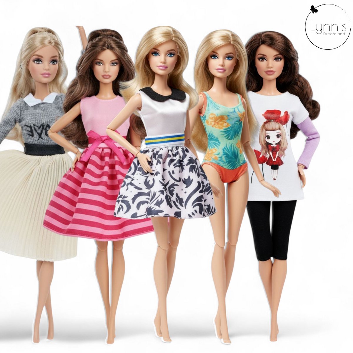 Lynn’s poppenkleertjes - Set ‘Chloë’ - Geschikt voor modepop - Set van 5 outfits - Kleding voor modepoppen - Cadeauzakje